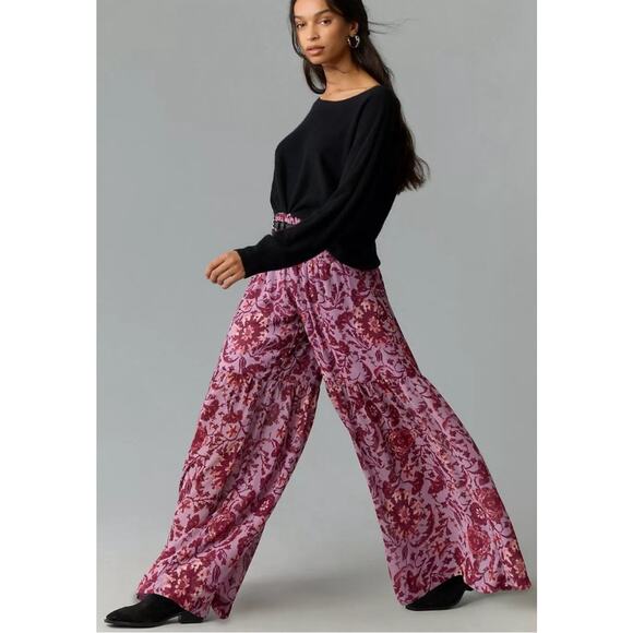 Anthropologie Smocked Waist Wide Leg Pants Purple Floral Boho Tiered Pull On XL - Picture 2 of 9